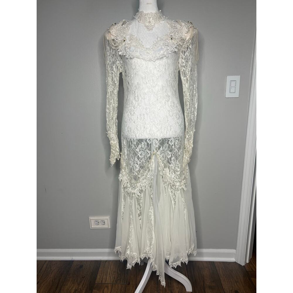 Vintage Victorian Lace Wedding Dress High Neck Edwardian Prairie Draped Beading